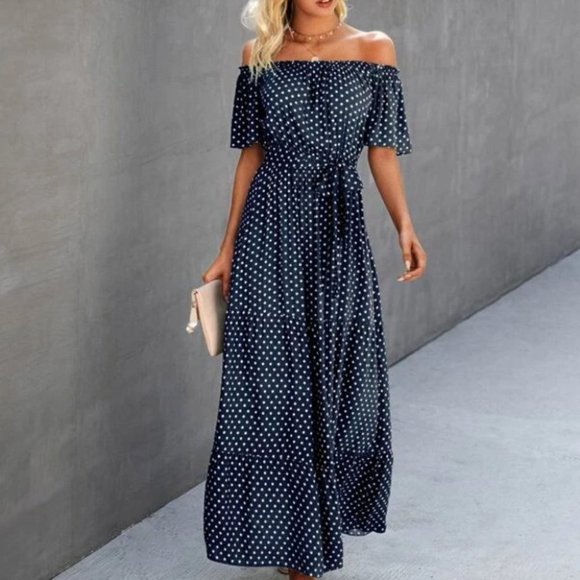 Boho polka-dot shoulder ruffle maxi dress blue - Picture 6 of 6